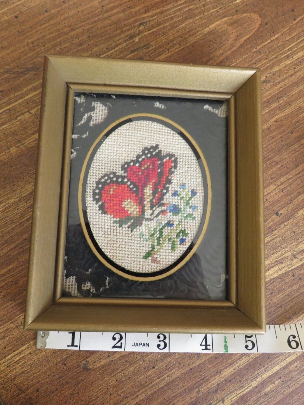 Vintage Butterfly Cross‑Stitch Art in Gold Frame – Wall Decor, Handmade